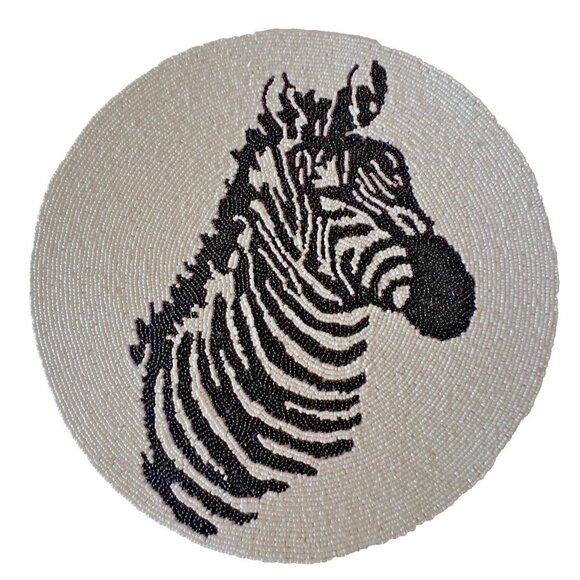 BEADED ZEBRA 15” Placemat Charger Into The Wild Black White EXQUISITE Safari - Picture 1 of 8